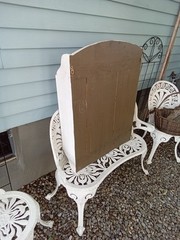 Vintg White Wood Medicine Wall Cabinet Hammered Decorative Tin Doors Oversized