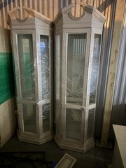Antique Tall Beige Glass Display Cabinets Wood Decorative Top Pair