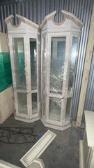 Antique Tall Beige Glass Display Cabinets Wood Decorative Top Pair