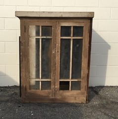 Antique 1930s Farmhouse Wood Glass Dish Pie Style Kitchen Vintage Cabinet Hutch