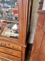 vintage antique quartersawn Oak 2 door upright cabinet – 72” h x 45.5” w x 18” d