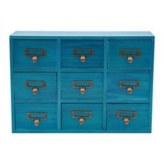 Desk Drawer Organizer Wooden Rustic Cabinet with 9 Drawers Blue