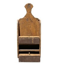 ANTIQUE QUEEN ANNE WALL HANGING TWO DRAWER SPICE CABINET IN OLD MUSTARD PAINT