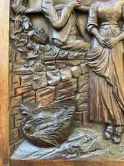 French Antique Architectural Romantic Peasant Scene Carved Wood Wall Panel 19th