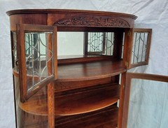 Victorian Oak Bowed Curved Glass China Cabinet with Leaded Glass & Claw Feet