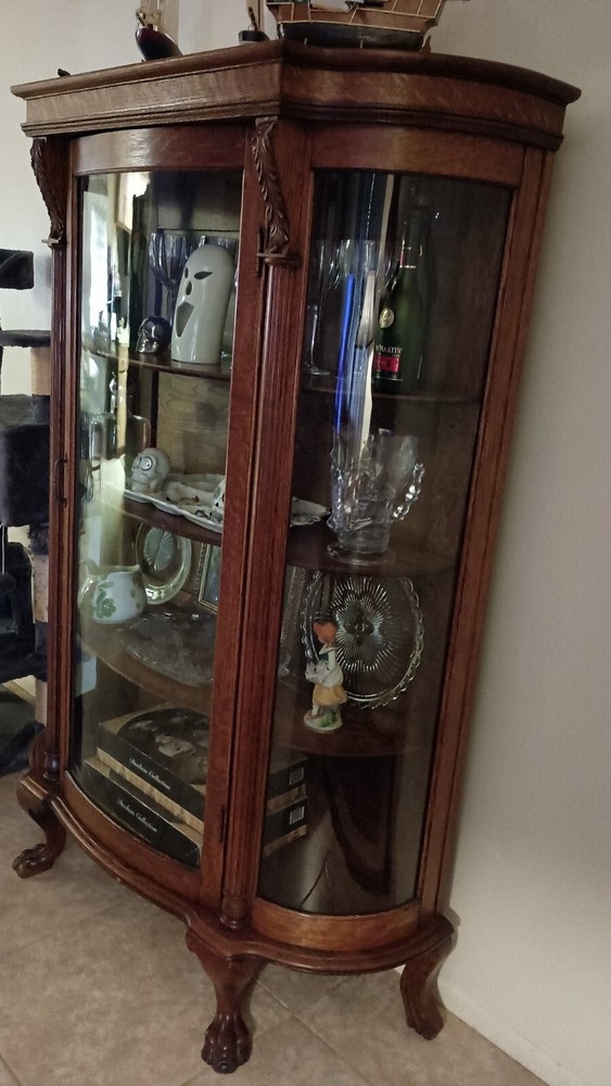 Antique Claw Feet Oak Carved China Closet, Oak Display Cabinet #21649A
