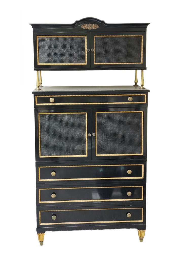 RARE CHIC 40’s GROSFELD HOUSE BLACK LACQUERED CABINET w/ CANE WORK & BRASS