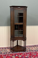 Antique English Jacobean Corner Cabinet Barley Twist Legs Glass Door Oak 1920s