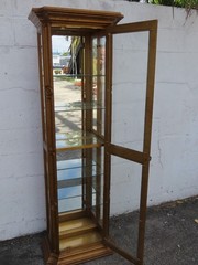 Hollywood Regency Tall Narrow Distressed Gold Display Shelf Cabinet 6245