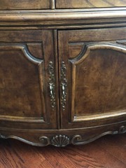 Pair (2) of French Corner Cabinets -Ash and Burl  – Glass/wood doors & shelves