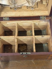 Antique Federal regency liquor box tantalus mahogany inlaid fan gilt bottles