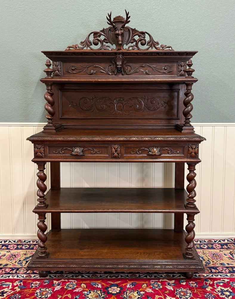 Antique French Buffet Server Sideboard Barley Twist Dark Oak Drawers 4 Tier 19C