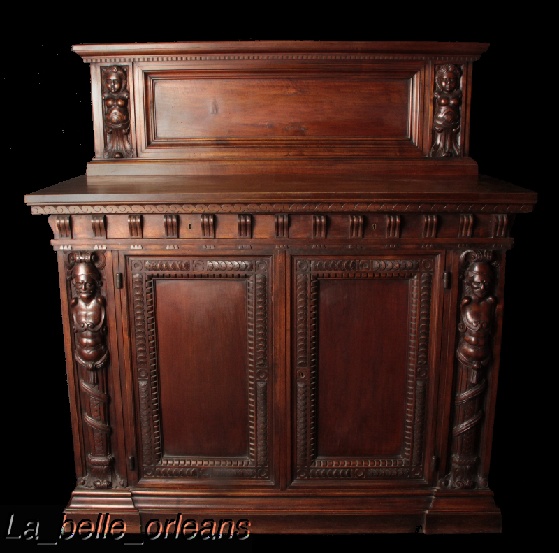 SUPERB WALNUT CARVED FIGURAL CABINET WITH HUTCH. WOW!!!
