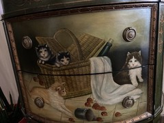 Hand Painted Antique Wood Bedside Cabinet Green Gold Cat Floral Motif 2 Drawers