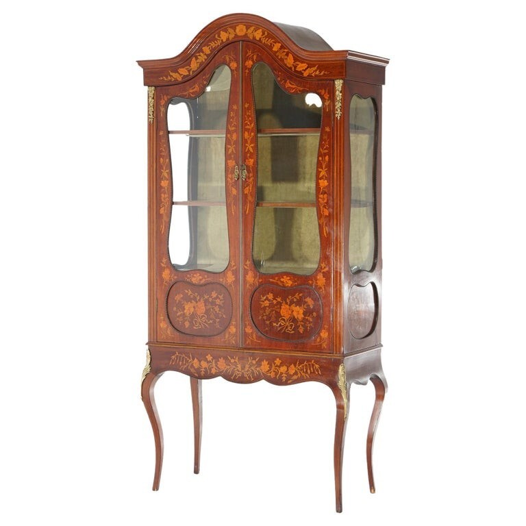 Antique Dutch Marquetry Mahogany Display Cabinet with Ormolu Mounts C1890