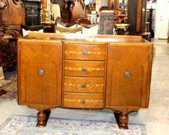 English Antique Inlaid Oak Art Deco Sideboard / Small Buffet / Bar Cabinet