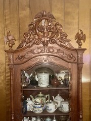 Antique Carved Wood Display Cabinet Glass Door Key Floral Bird Carvings