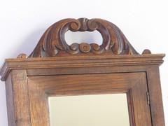Small Antique Wooden Chest, Wall Cabinet with Beveled Mirror and Floral Ornament