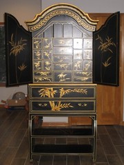 Vintage Multiple Drawer Black and Gold Oriental Cabinet – 2 Part Cabinet