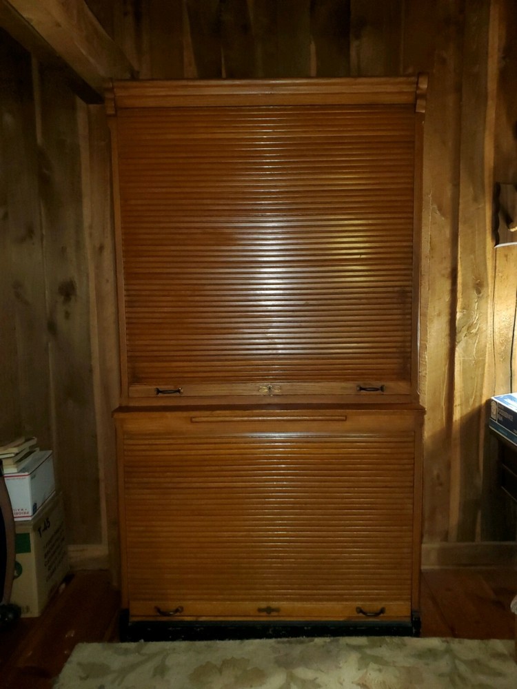 Antique OAK Roll Top 2 piece Cabinet Bookcase RARE HUGE 87″ x 47 3/8″