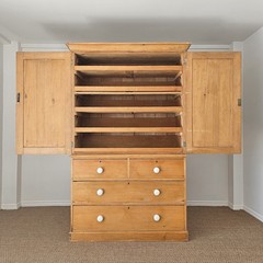 Antique English Pine Linen Press Wardrobe Armoire Cabinet Chest of Drawers Key