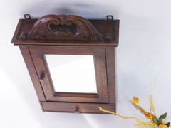 Small Antique Wooden Chest, Wall Cabinet with Beveled Mirror and Floral Ornament