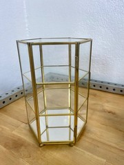 MCM Miniature Brass & Glass Tabletop 3-Shelf Double Door Curio Display Cabinet