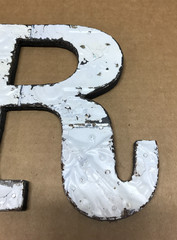 Decorative Salvaged Tin Ceiling 8″ Patchwork Shabby White Letter R Metal 616-26B