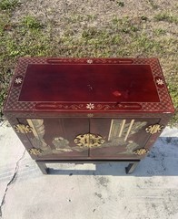 Vintage Hand Painted Red Lacquer Asian Oriental Cabinet Table Made in Spain
