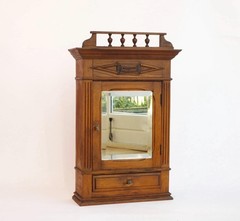 Antique Small Wooden Oak Cabinet with Beveled Mirror and Carved Ornaments