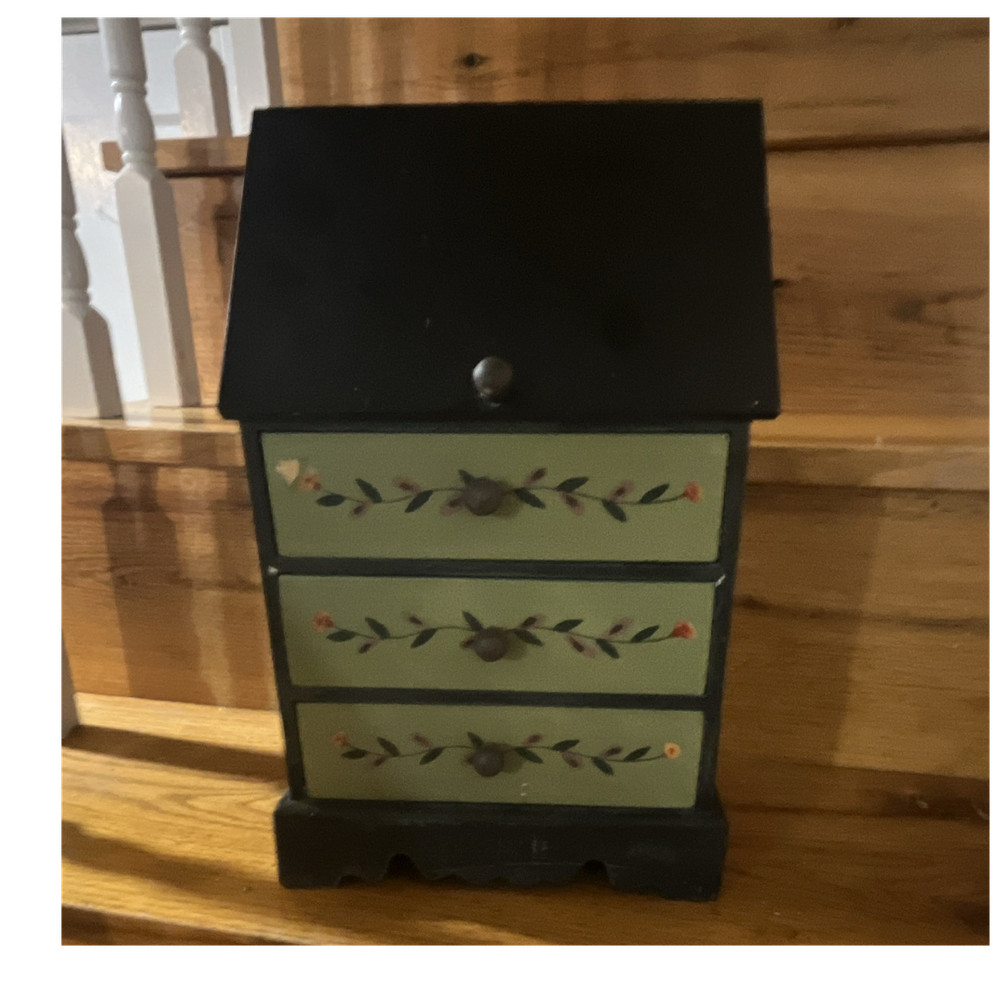 Hand Painted Wooden Trinket Box with Drawers, Floral Design, Black Green