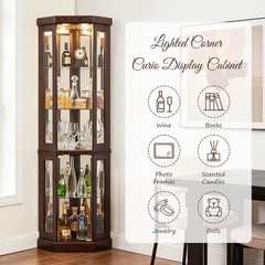 Heavy Duty Corner Display Cabinet Lighted Glass Display Case Living Room Shelf