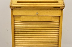 Antique Arts & Crafts Oak & Maple Wood Tambour Shutter Door Filing Cabinet