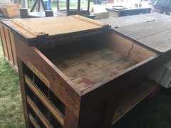 c1890 antique OAK hardware store counter VA origin 97″ x 46″ x 33.25″ slant top