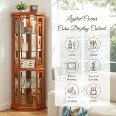 5-Tier Lighted Curio Cabinet Glass Corner Display Cabinet w/ Display Light Bulb