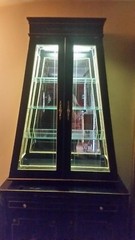Unusual Shaped Black Lacquer 2 Piece China Cabinet Slender W/ Light & Gold Rope