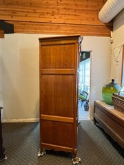 Vintage Belgian Oak Armoire or Dry Bar with Slide-In Doors and Carved Details