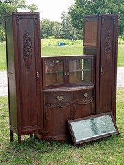 Antique Wood Cabinet with Carved Glass Doors, Drawers, 75.5″ x 66″ x 17.5″