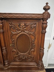 Antique Brown Carved Wood Cabinet, 2 Raised Panel Doors & 2 Drawers 40x24x58