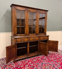 Antique English Large Bookcase Cupboard Cabinet Triple Door Glass Oak c. 1930s