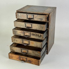 Antique Six Drawers Desktop Office Cabinet With Remnant Embossed Paper Over Wood