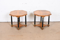 Baker Furniture Neoclassical Burl Wood Parcel Ebonized Gilt Side Tables, Pair