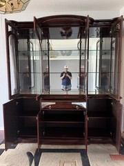 large traditional china cabinet, new, brown, glass upper section