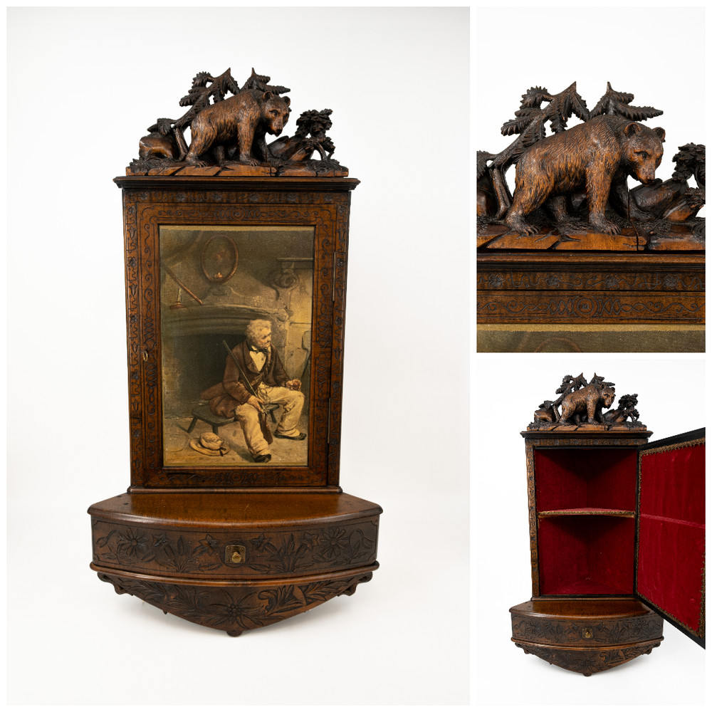 Antique carved Black Forest wood wall corner cabinet bear hunter litho