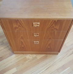 Vintage Teak Cabinet Made in Denmark Three Drawers Sculpted Pulls Lovely Design!