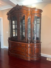 RARE VICTORIAN WALNUT AND BURL BEVELED GLASS CORNER CHINA CABINET