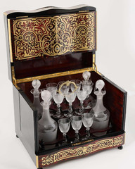 Antique 19thC French Boulle Style Liqueur Cabinet with Glass Set