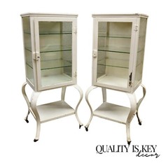 Antique Art Deco Cabriole Leg Steel Metal Medical Dental Pharmacy Cabinet – Pair