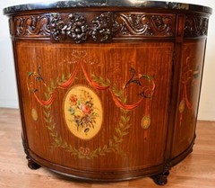 1910 Antique French Walnut & Satinwood Hand painted and Marble topDemi-lune