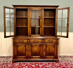 Antique English Large Bookcase Cupboard Cabinet Triple Door Glass Oak c. 1930s